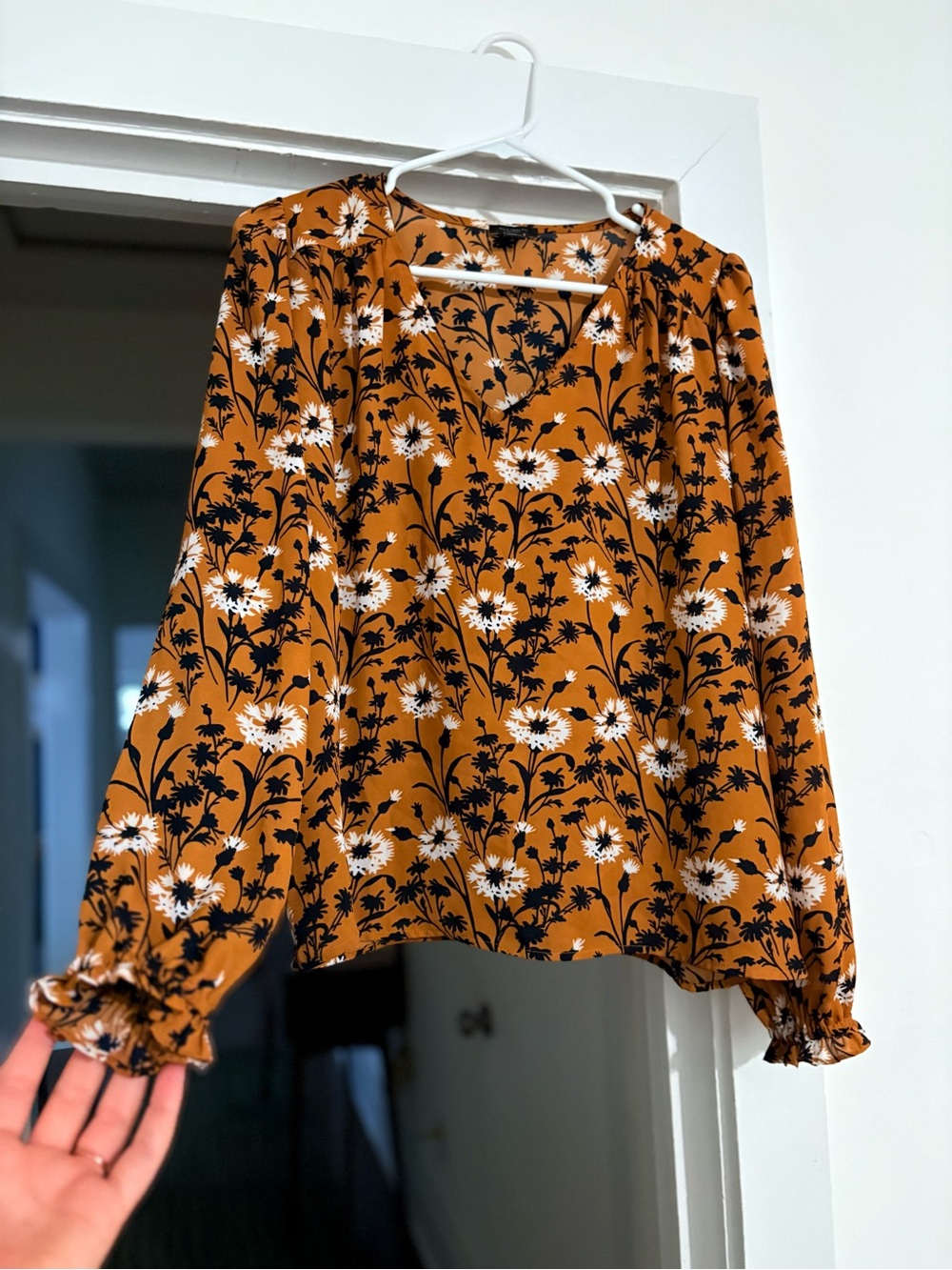 Ann Taylor Mustard Floral V-Neck Blouse